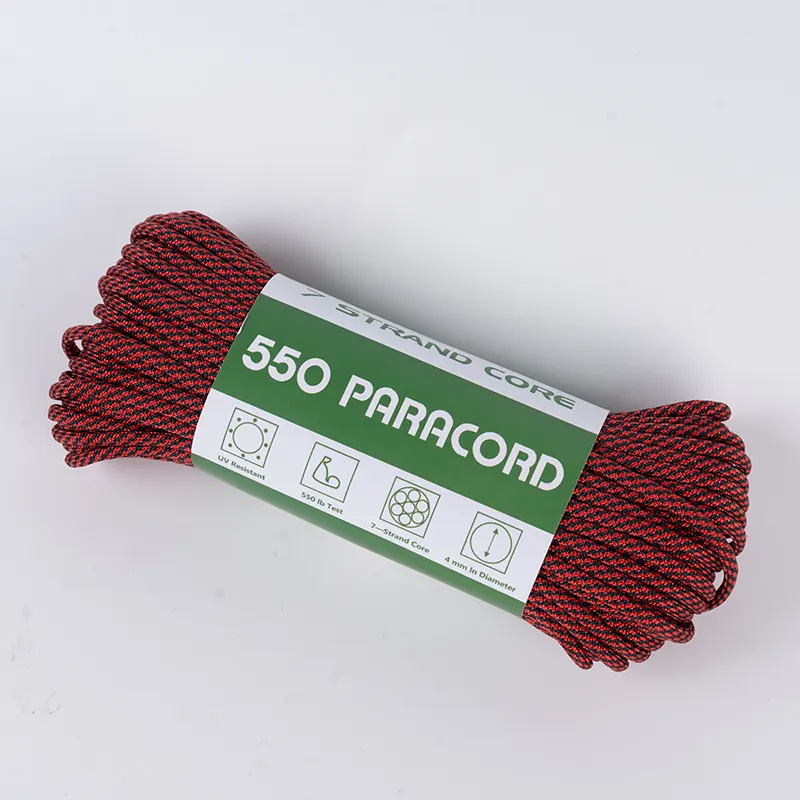 7pramenné jádro 4mm černá a červená spirála 550 Polyester Paracord